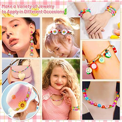 360 Pcs Fruit Flower Polymer Clay Bead Charms for Bracelets and Jewelry Making, 24 Styles Trendy Cute Smiley Bead Kit for Bracelets Jewelry Necklace Earring Making with Elastic String
