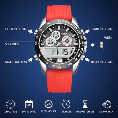 Image of V2A Men's Multifunction Analog-Digital Sports Watch - Dual Display, Quartz Movement, Zinc Alloy Case, Stopwatch, Alarm, 30M Water Resistant, Silicone Strap, Tachymeter Bezel