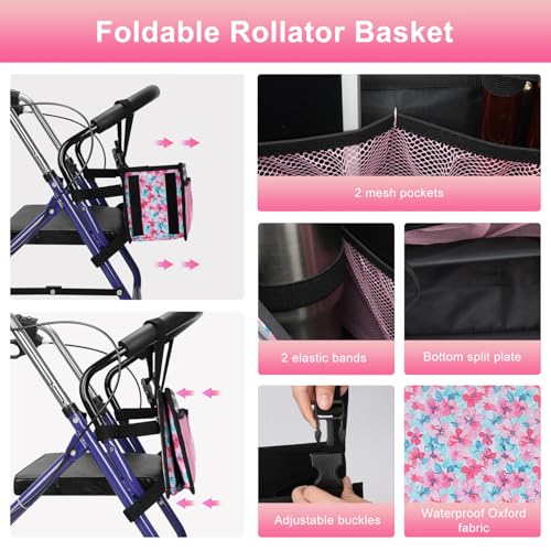 supregear Rollatorkorb, Große Kapazität Organizer Tasche mit Mehreren Taschen, Faltbarer Universeller Wasserfester Aufbewahrungsbeutel für Senioren, Tintenrosa