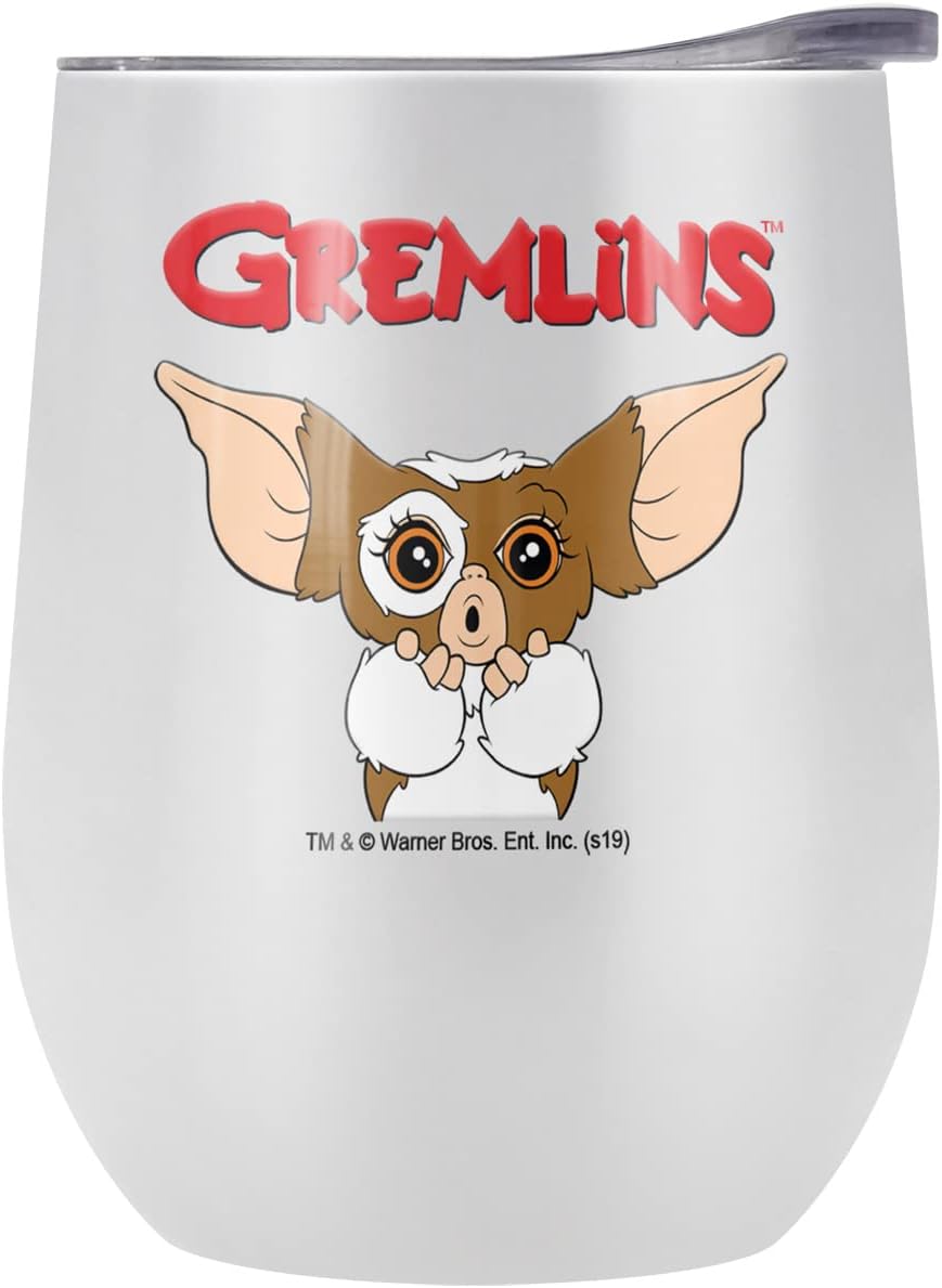 Gremlins OFFICIAL Gizmo Logo 12 OZ Stemless Wine Tumbler, Stainless Steel Travel Cup|Lake Tumbler|Insulated with Leak Resistant Slide-Lock Lid, White
