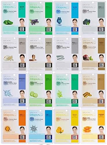 DERMAL 16 Combo Pack A Collagen Essence Full Face Facial Mask Sheet - Face Pack For Glowing Skin - Self Home Care Face Facial Mask Sheet - Korean facial Masks For Women and Men