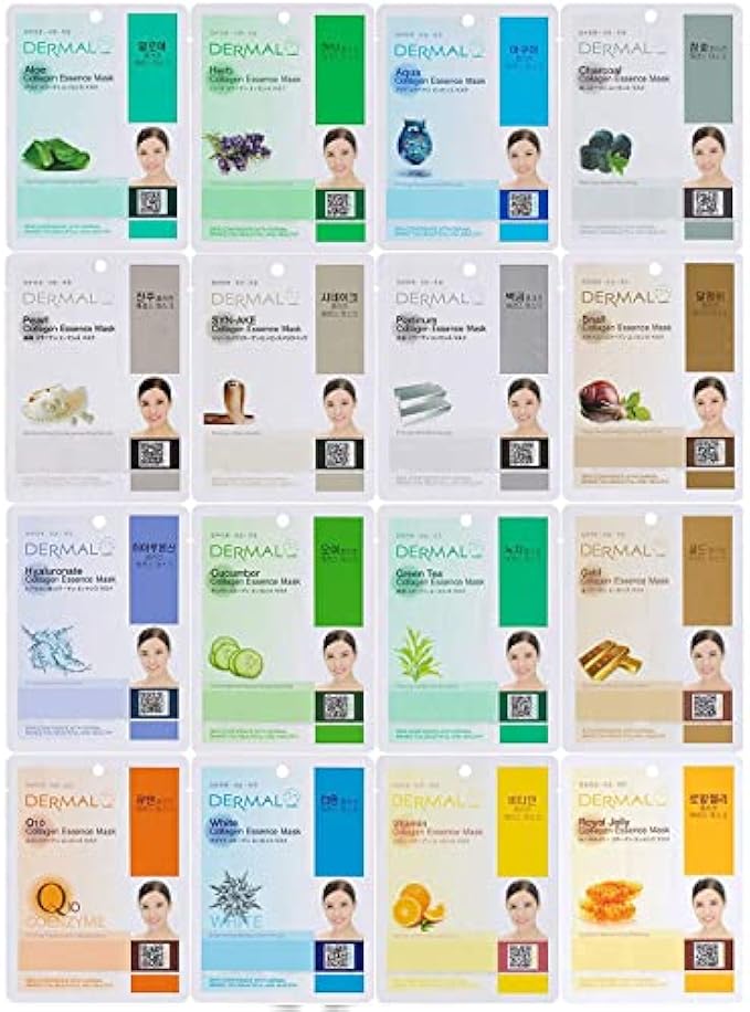 DERMAL 16 Combo Pack A Collagen Essencce Korean Face Mask - Hydrating & Soothing Facial Mask with Panthenol - Hypoallergenic Self Care Sheet Mask for All Skin Types - Natural Home Spa Treatment Masks