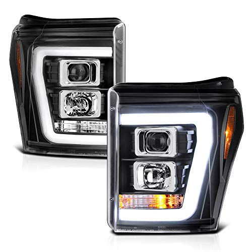 [For 2011-2016 Ford F-250 F-350 Superduty Pickup Truck] OLED Neon Tube Black Projector Headlight Headlamp Assembly, Driver & Passenger Side
