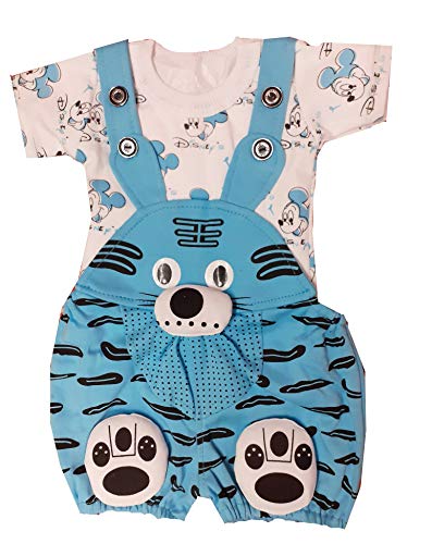 Image of Tendercare baby boy & baby girl half sleeves printed cotton dungaree set with Tshirt (0-2 year, pack of 1),(check size chart) (SKY BLUE, 0-6 MONTHS)