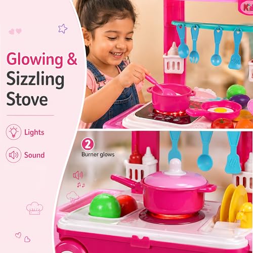Image of Lifelong Big Kitchen Play Set for Kids 3-5 Years | Portable Suitcase Toy Kitchen | 28-Piece Pretend Cooking Accessories with Stove, Pots, Pans & Play Food | Plastic Playset for Girls (Pink, 39*20*12)