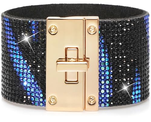 Suyi Bracelets en Cuir pour Femmes Bracelet Large avec Strass Bracelet Bohémien Black