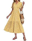 AUSELILY Maxi Dresses for Women UK V Neck Casual Long Summer Dress Short Sleeve Beach Cover-ups Swing Floral Ladies Dresses with Pockets Yellow Floral L
