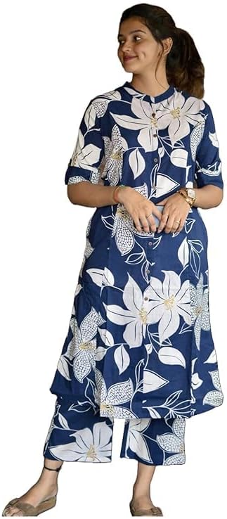 Women Cotton Hand Block Printed Office Wear A line Kurta with Pant