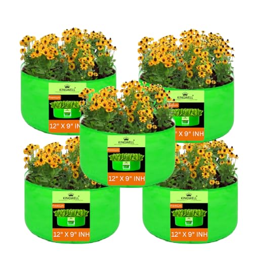 Image of Kingwell grow bags 12x9 inch pack of 5 Grow Bag For Terrace Garden Leafy Vegetable Plant Grow Bags Fruits Growing Containers For terrace Gardening