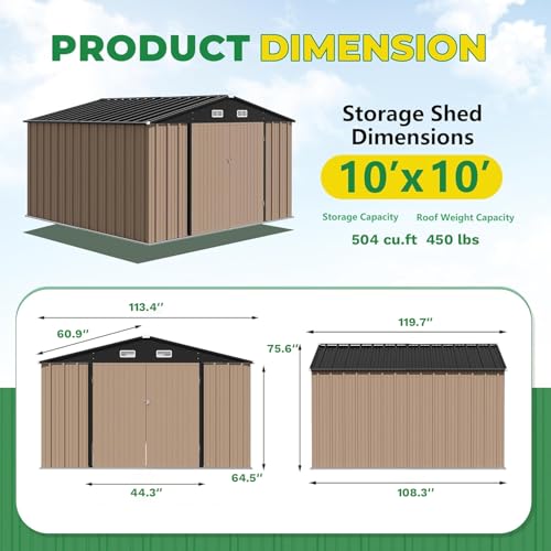 Image of Devoko 10 x 10 FT Outdoor Storage Shed, Metal Garden Sheds & Outdoor Storage Clearance, Large Tool Shed Outdoor with Single Lockable Door for Patio Lawn Backyard (Brown)