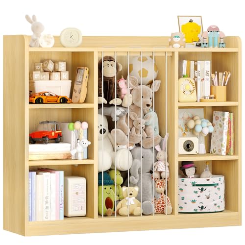 Image of Toddler Stuffed Animal Zoo, Toy Storage Organizer for Playroom, Plush Toy Organizers and Storage, Book Shelf for Kids Rooms, Elastic Band Child Bookcase, Toy Shelf with 8 Storage Cubbies (Maple Wood)