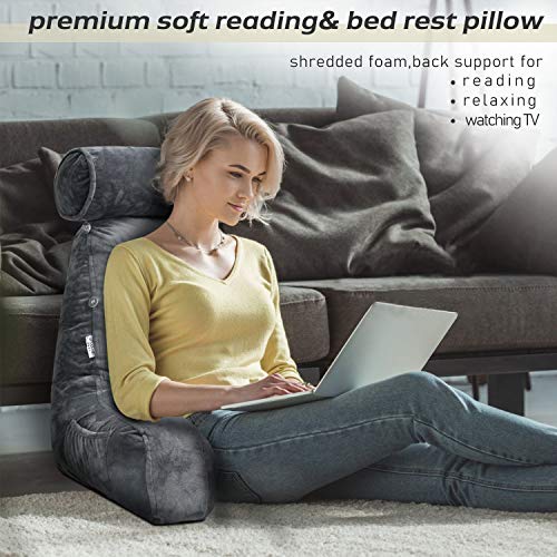 Mittagong Shredded Foam Reading Pillow With Detachable Neck Roll & Big Bed Backrest Pillow For Bed With Arms And Side Pocket - Perfect For Back Support While Relaxing, Gaming, Reading, Or Watching Tv #TOP5