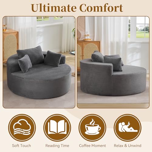 Image of 55''Oversized Round Boneless Chaise Lounge Chair,Corduroy Modern Floor Sofa Deep Seat, Compressed Circle Comfy Barrel Chair, No Assembly Sleeper Cloud Sofa Couch Bed for Living Room, Bedroom,Grey