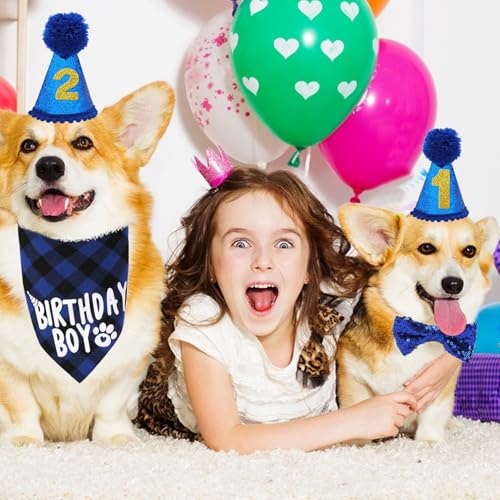 Hunde Geburtstag Hut Bandana Set - Hüte Schleifen Fliege Und Halstücher Zum Hund Geburtstags Mit Zahlen Für Haustier Kostüme Happy Birthday Party Dekorationen Accessoires(Blau)