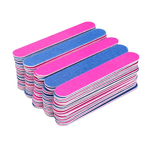100 Stück Nagelfeilen Professionelle Nagelfeilen Doppelseitige Nagelfeilen Einweg Nagelfeile, 180/240 Grit, Blau und Rosa Cover