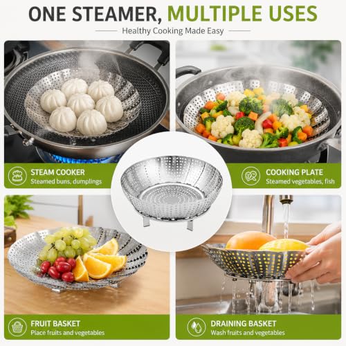 Image of Stainless Steel Steamer Basket for Cooking | Foldable Vegetable Steamer Basket for Momos, Dumplings & Veggies | Expandable Steam Cooker Insert | Dishwasher Safe Kitchen Steaming Basket