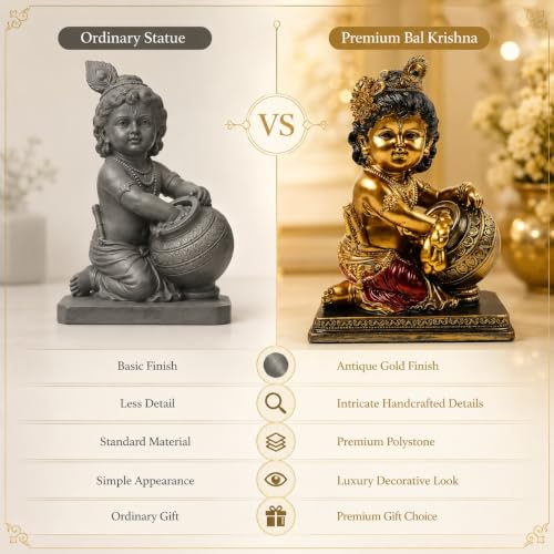 Image of ARMONIA Krishna Makhan Chor Idol - 8.2 Inch Ploystone Kanha Ji Murti with Antique Finish | Statue for Home Decor, Living Room & Pooja Mandir | Office Desk Showpiece |Gift for Wedding & Housewarming