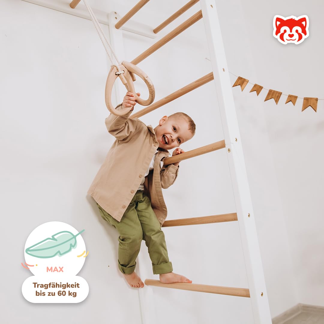 Wood And Hearts Drinnen Schwedische Leiter, Klettergerüst Indoor, Indoor Kletterwand Kinder, Turngeräte in Weiß und natürliche Holzfarbe mit Paar Gymnastikringe