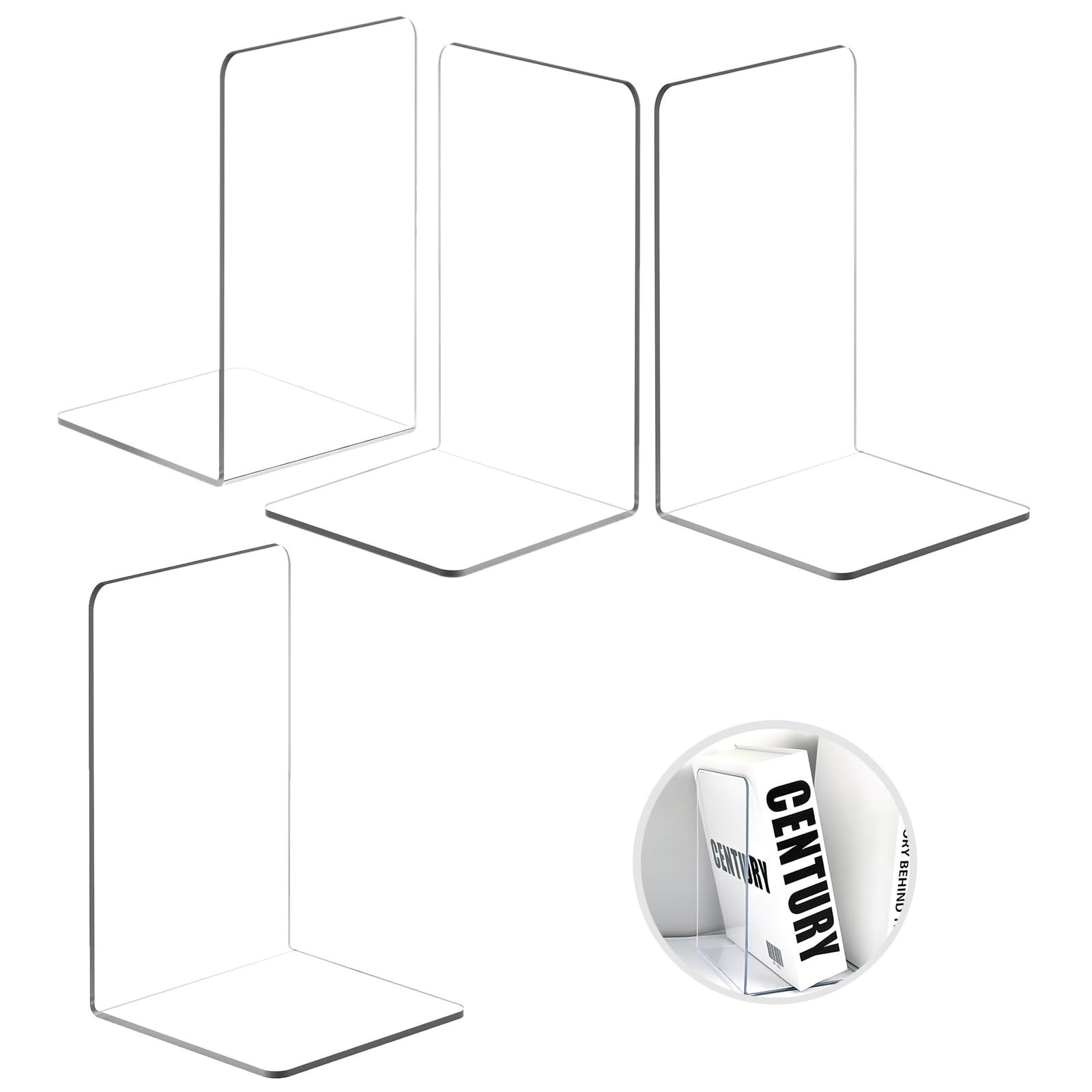 4 Pcs Acrylic Bookends, Clear Bookshelf Book Divider Stopper Heavy Duty Bookend Shelf Dividers for Shelves Home Office Desktop Organizer Decoration