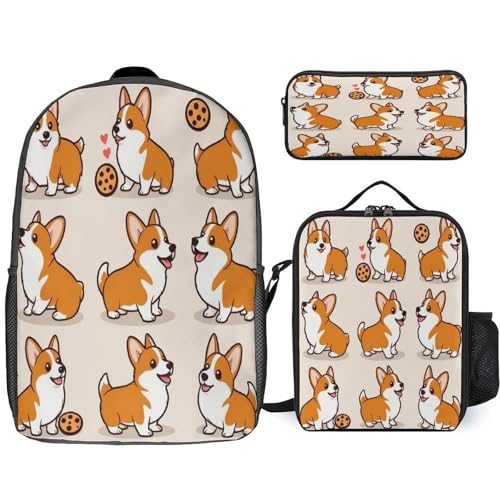 Multifunction 3 Pcs Set for Men Women, Soft Cute Corgi And Cookie Pencil Pouch, Lunch Bag Easy to Storage, Backpack for Travel