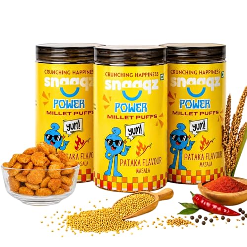 Image of Snaaqz Masala Millet Puffs Pack of 3 | Roasted Jowar Puffs 120g x 3 | Palm Oil Free Snack | Healthy Indian Millet Snack | Crunchy & Spicy Tea Time Namkeen