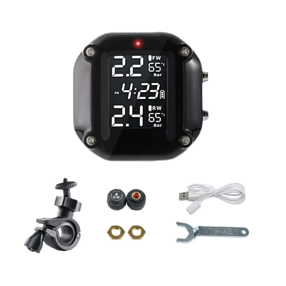 Riloer 1 sistemi di monitoraggio della pressione dei pneumatici per moto, monitoraggio in tempo reale della pressione e della temperatura per moto a 2 ruote, nero/trasparente