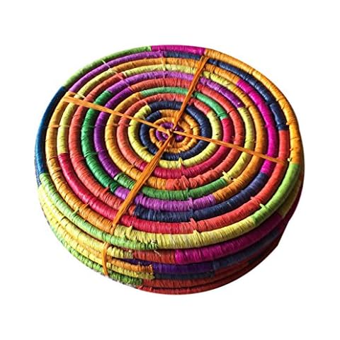 Set of 6 Multi Coloured Round Raffia Table Mats, 23.5cm / 9'', Handmade Cover