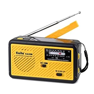 Kaito Voyager ECO Noodradio KA336 AM/FM NOAA Weerswaarschuwing 5-weg aangedreven zonne-crank radio-ontvanger met LED-zaklamp en USB-oplader voor mobiele telefoon, geel