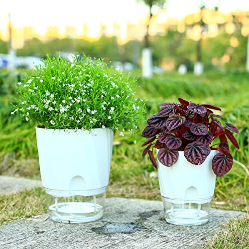 5 Pack Self Watering Planters 6 Inch Pots For Indoor Plants Plastic Plant Pot For African Violets, Flower Pots With Decorative Stones, White #TOP6