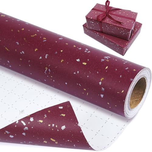 Red Wrapping Paper Roll Matte 43cm x 10m Red and Gold Foil Birthday Gift Wrapping Paper Recyclable Kraft Gift Wrap Paper for Christmas Birthday Wedding New Year Valentines Day