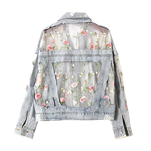 Admairoim Women Jean Denim Jacket - Fashion Flowers Embroidered Lace Patchwork Denim Sweet Jacket Women's Summer Korean Loose Jean Jacket Sun Protection Clothing,As Shown,Xl #TOP3