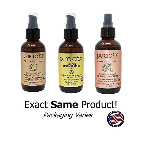 PURA D'OR Organic Moroccan Argan Oil (4oz / 118mL) USDA Certified 100% Pure Cold Pressed Virgin Premium Grade Moisturizer Treatment for Dry, Damaged Skin, Hair, Face, Body, Scalp (Packaging may vary)