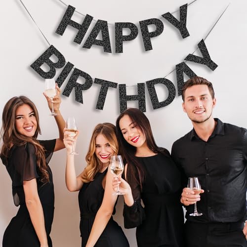Image of Pre-Strung Happy Birthday Banner - Black Glitter Party Decorations