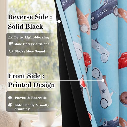 Image of MYSKY HOME 95% Blackout Blue Curtains for Boys Room 84 Inch Long 2 Panels with Car Printed Thermal Insulated Noise Reducing Grommet Drapes for Kids Bedroom Playroom Nursery, Each Panel 52 inch W