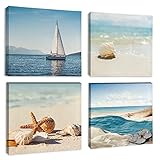 Cirzone Landschaft Leinwandbilder Wandkunst Dekor Segelboot Muscheln Strand Bilder für Wohnzimmer Schlafzimmer Büro Wanddeko mit Holzrahmen 4 Stücke HD Poster 30x30cm Toll als Geschenk