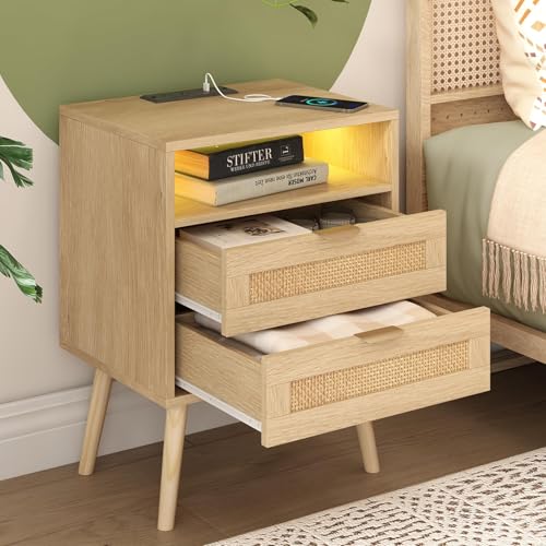 Maupvit Rattan Bedside Table with Charging Station USB Port Led Lights, 2 Storage Drawers Nightstand End Table for Bedroom, Living Room, 1 Pack