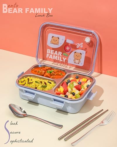 Image of Brand Conquer Lunch Box Leak-Proof BPA Free Stainless Steel for School, Lunch Box for School & Office with a Fork, a Spoon and a Pair of Chopsticks (Purple, Bear Family 3 Compartment)