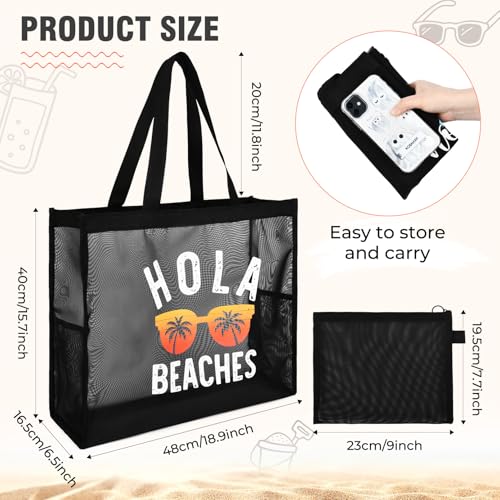 30L Large Beach Bag with Pouch Foldable Sandproof Lightweight Mesh Tote Bag with Two Pockets for Swimming Travel2