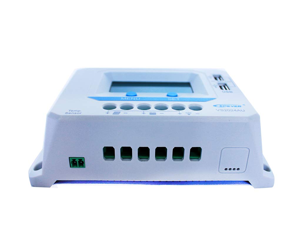 EPEVER controlador de carga solar PWM 20 A, 12 V/24 V Auto trabajo regulador de carga solar con pantalla LCD y doble puerto USB para batería de gel sellada (VS2024AU)