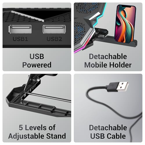 ZEBRONICS NC8000 Laptop Cooling Pad, Upto 17 inch, 5 Fans, 5 Level Adjustable, Speed Control, 10 RGB Modes, USB Port, Mobile Holder - Image 6