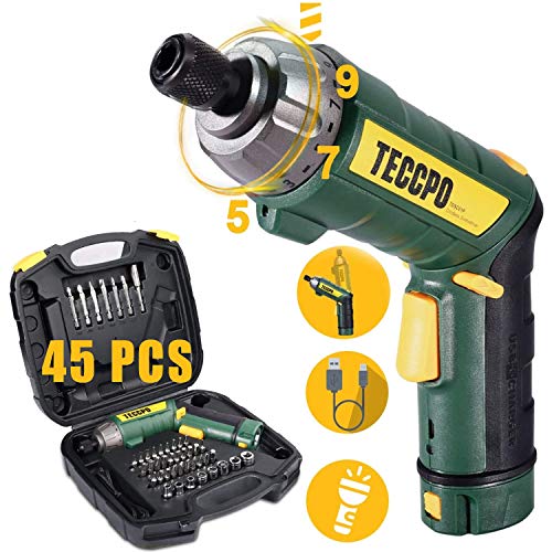 Cordless Screwdriver, 6Nm TECCPO Electric Screwdriver, 4V 2000mAh Li-ion, with 45 Free Accessories