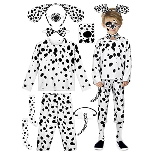 SOMSOC 8 Pieces 101 Day of School Girls Dalmatian Dog Costume Set 100 Days T-Shirt Headband Tail Cropped Trousers Tattoo Stickers