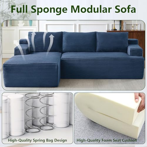 Image of 96 inch Modular Sectional Sofa, Modern Corduroy Cloud Couch, Boneless Couch Upholstered 3-Seater L-Shaped Sofa for Living Room, No Assembly Required (Blue, Left-Facing Chaise)