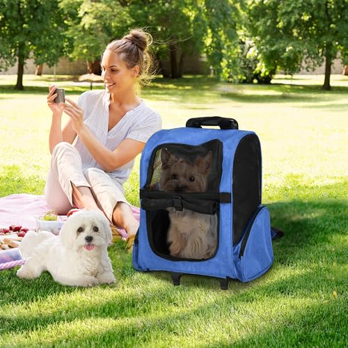 PawHut Transporttasche mit Rollen für Hunde, 2 in 1, Trolley, Rucksack für Hunde und Katzen, mit Teleskopgriff, Aufbewahrungstaschen, Belüftungen, Sicherheitsbefestigung, 42 x 25 x 55 cm, Bl-2