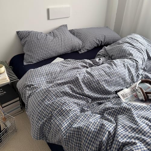 Image of EAVD Vintage Blue Plaid Gingham Duvet Cover Full Soft 100% Washed Cotton Reversible Grid Plaid Checkered Gingham Bedding Set with 2 Pillowcases Farmhouse Blue Plaid Duvet Cover with Zipper