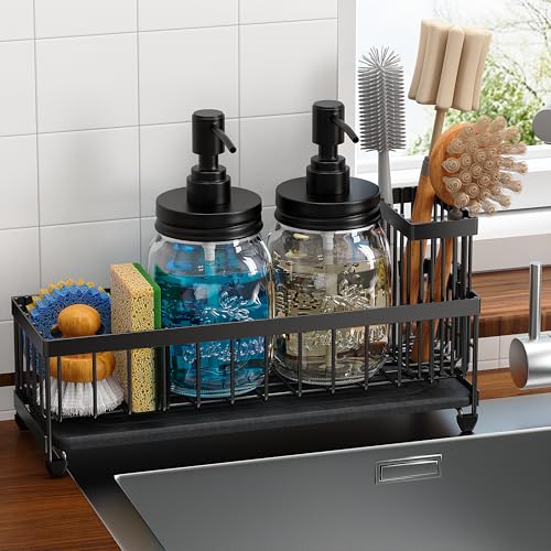 Image of Galasily Mason Jar 16 oz Liquid Soap Dispensers Set with Large Kitchen Sink Caddy, Black Rustproof Stainless Steel Pump, Refill Hand Soap, Dish Soap, Vintage Farmhouse Decor for Bathroom, Kitchen