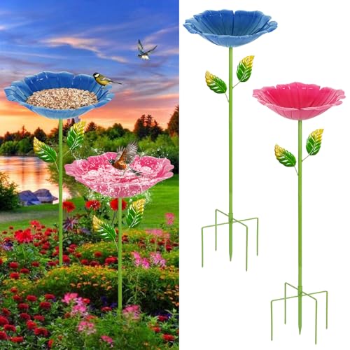 Image of 2 Pack Bird Bath for Outside, Outdoors Garden Decor Flower Birdbath | Colorful Metal Bird Bowl with Five Stakes for Hummingbird Baths & Bird Feeders, 31.3 inch H x 10.63 inch Dia (Royal Blue,Pink)
