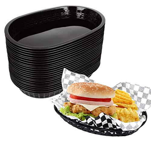 CertBuy 24 Pack Fast Food Baskets 10.5\" x 7\", Food Service Baskets, Plastic Food Basket, Plastic Oval Restaurant Basket for Fast Food Restaurant, Burgers, Sandwiches, Fries (Black)