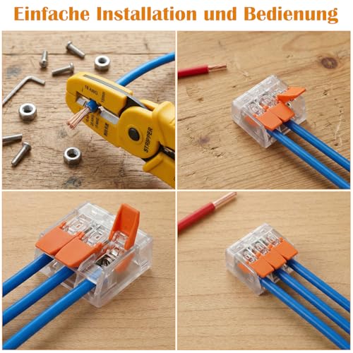 RDTOK 40 Stück Kabelverbinder 3 Polig, Lüsterklemmen Steckbar, Kabelklemmen Elektro (0,14-4 mm²), Verbindungsklemmen mit Betätigungshebel, 32A 450V, für Elektroinstallation & Hausverkabelung
