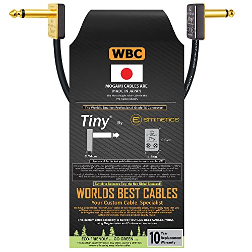 Si tratta di un assemblaggio di cavi realizzato su misura, di WORLDS BEST CABLES (WBC). Questo assemblaggio di cavi è realizzato utilizzando il filo Mogami 2319 e connettori Eminence Premium nichelati da 1/4 pollici ad angolo retto, basso profilo Pancake. Noi di WBC realizziamo sempre assemblaggi di cavi personalizzati di livello mondiale utilizzando molte delle principali marche di cavi e connettori, se non siete in grado di trovare la lunghezza e il tipo di cavo che state cercando, non esitate a contattarci, ci sforziamo di assemblare il cavo richiesto per voi.
